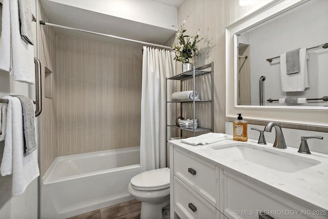 30078 E 143rd St S, Coweta, OK 74429 - bathroom with vanity, shower / bathtub combination with curtain, and wood finished floors