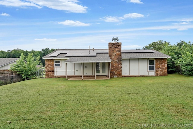 30078 E 143rd St S, Coweta, OK 74429 - rear view of house featuring roof with shingles, solar panels, french doors, and a chimney