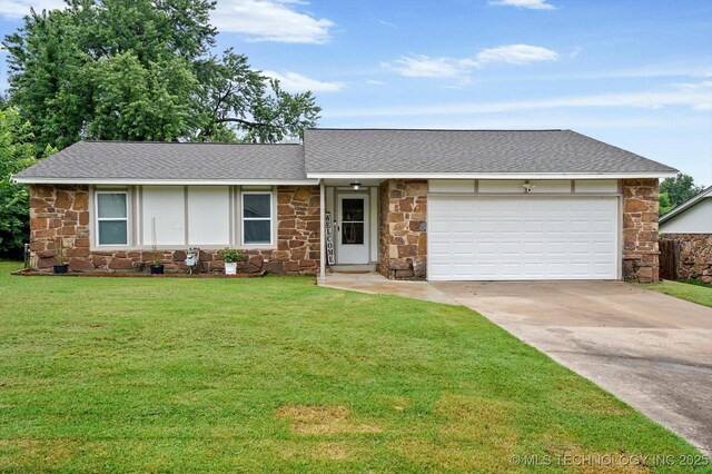 30078 E 143rd St S, Coweta, OK 74429 - view of front of home featuring stone siding, concrete driveway, a front lawn, and an attached garage