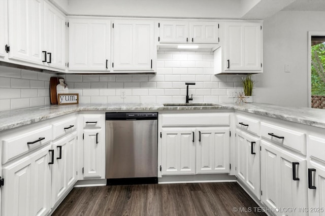 2012 N Santa Fe Ave, Tulsa, OK 74127 - kitchen with dishwasher, white cabinets, dark wood-style floors, and decorative backsplash