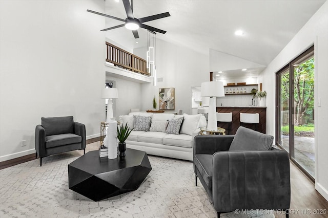 2012 N Santa Fe Ave, Tulsa, OK 74127 - living area with a ceiling fan, wood finished floors, recessed lighting, and high vaulted ceiling