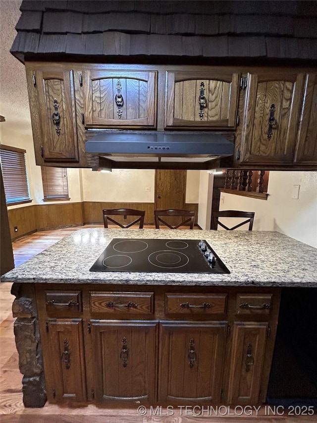 23536 Timber Trl W, Bristow, OK 74010 - kitchen featuring black electric stovetop, under cabinet range hood, wood finished floors, dark brown cabinetry, and light stone countertops