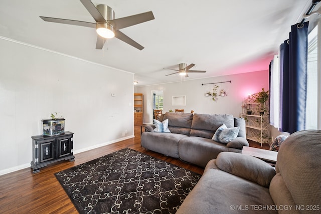 36516 Cramer Rd N, Mannford, OK 74044 - living area with ceiling fan, wood finished floors, and ornamental molding