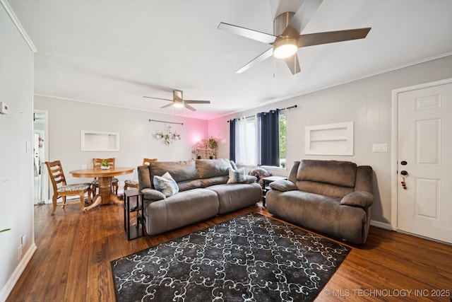 36516 Cramer Rd N, Mannford, OK 74044 - living room featuring ceiling fan, wood finished floors, and crown molding