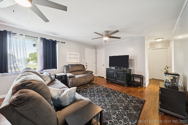 36516 Cramer Rd N, Mannford, OK 74044 - living room with ceiling fan, ornamental molding, and wood finished floors