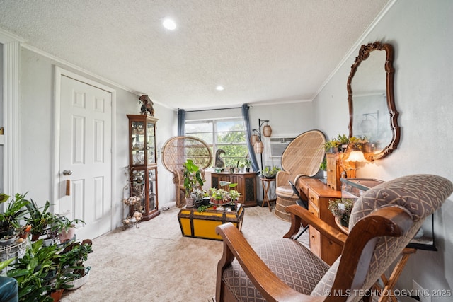 36516 Cramer Rd N, Mannford, OK 74044 - living area featuring crown molding, a textured ceiling, carpet flooring, and recessed lighting