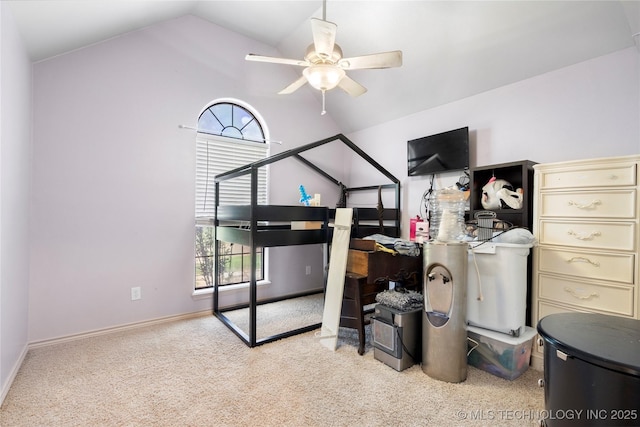 5764 S Carr, Pen, OK 74525 - bedroom featuring vaulted ceiling, light carpet, and ceiling fan