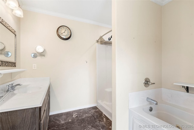 5764 S Carr, Pen, OK 74525 - bathroom featuring a bath, ornamental molding, marble look tile flooring, vanity, and a shower