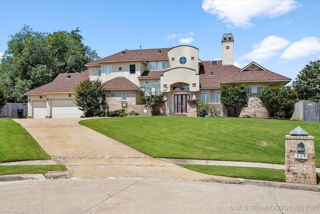 524 S 67th St, Broken Arrow, OK 74014 - mediterranean / spanish-style home with driveway, stucco siding, a garage, and a chimney