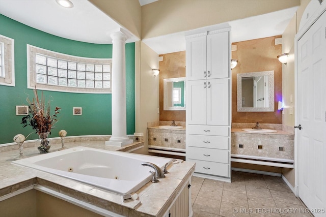 524 S 67th St, Broken Arrow, OK 74014 - full bath with ornate columns, a whirlpool tub, tile patterned floors, and two vanities