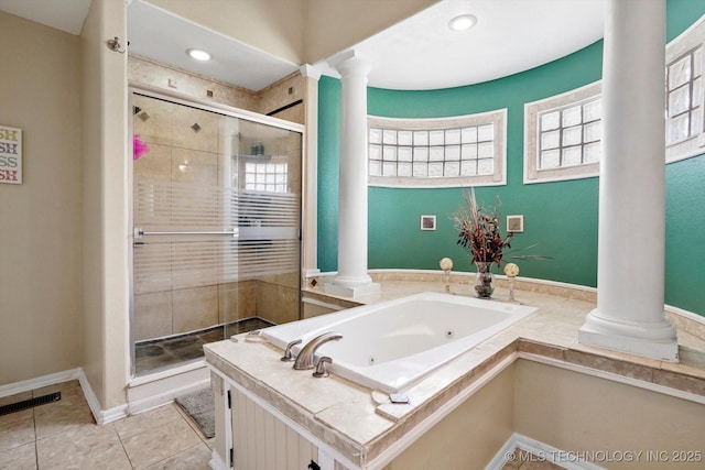 524 S 67th St, Broken Arrow, OK 74014 - bathroom with ornate columns, a tub with jets, a stall shower, and tile patterned flooring