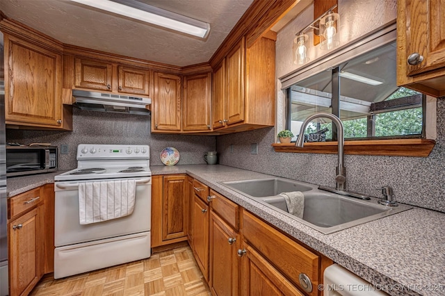 2676 Masters, Sulphur, OK 73086 - kitchen with electric stove, under cabinet range hood, brown cabinetry, decorative backsplash, and a textured ceiling