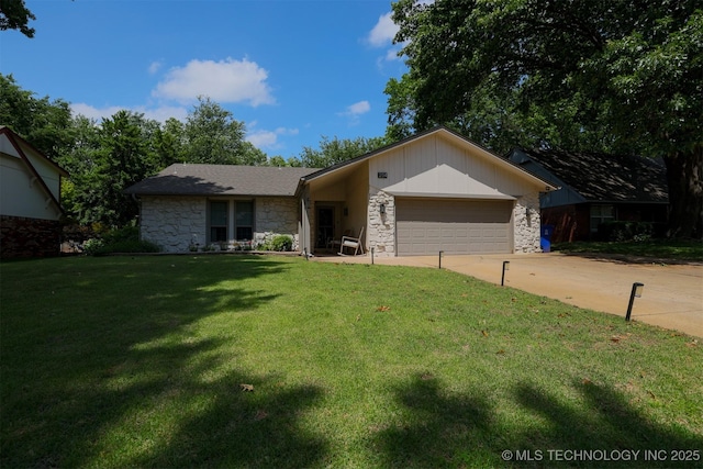204 W Albuquerque St, Broken Arrow, OK 74011 - ranch-style home featuring stone siding, an attached garage, driveway, and a front lawn