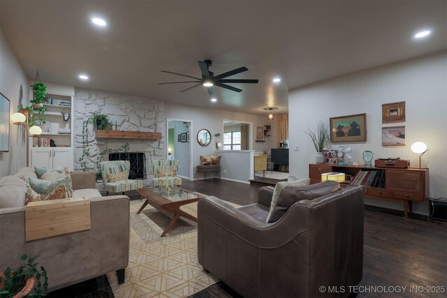 204 W Albuquerque St, Broken Arrow, OK 74011 - living room with a ceiling fan, a fireplace, recessed lighting, and wood finished floors