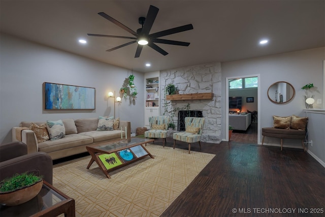 204 W Albuquerque St, Broken Arrow, OK 74011 - living area featuring wood finished floors, a ceiling fan, recessed lighting, built in shelves, and a fireplace