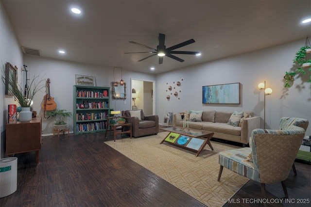 204 W Albuquerque St, Broken Arrow, OK 74011 - living area with a ceiling fan, wood finished floors, and recessed lighting