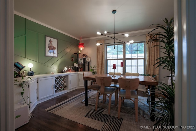 204 W Albuquerque St, Broken Arrow, OK 74011 - dining area with ornamental molding, dark wood-style flooring, and a chandelier