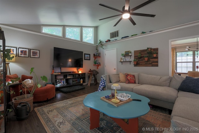 204 W Albuquerque St, Broken Arrow, OK 74011 - living room featuring wood finished floors, a ceiling fan, and high vaulted ceiling