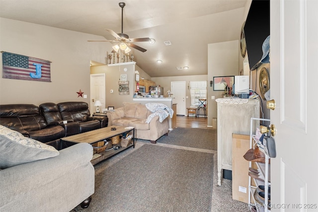 624 S Barclay, Dewey, OK 74029 - carpeted living room with a ceiling fan and lofted ceiling
