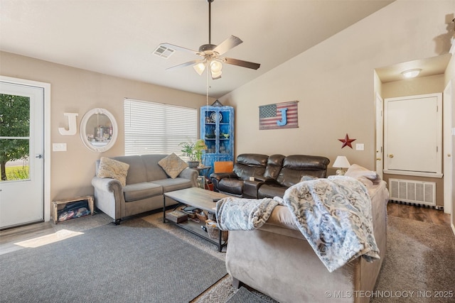 624 S Barclay, Dewey, OK 74029 - living area featuring healthy amount of natural light, vaulted ceiling, a ceiling fan, and wood finished floors