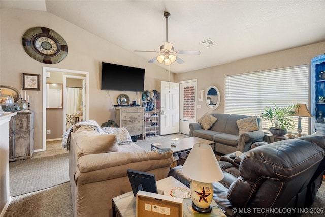 624 S Barclay, Dewey, OK 74029 - carpeted living room with lofted ceiling and ceiling fan
