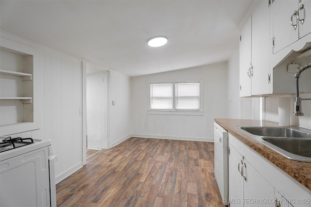 816 S Choctaw Ave, Bartlesville, OK 74003 - kitchen with white appliances, dark wood-style flooring, and white cabinetry