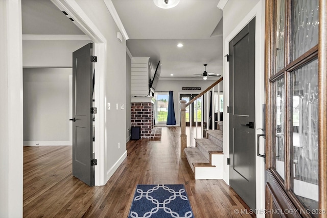 14271 S College Ave, Bixby, OK 74008 - entryway featuring ceiling fan, stairs, recessed lighting, wood finished floors, and crown molding