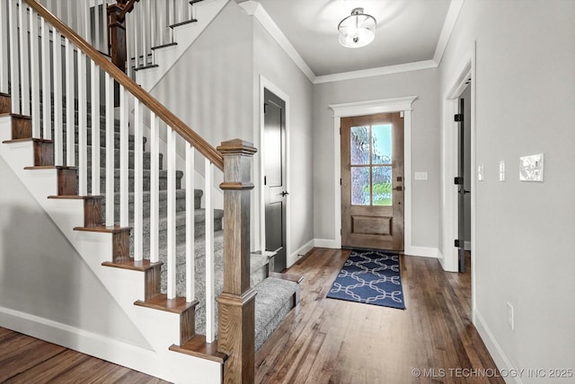 14271 S College Ave, Bixby, OK 74008 - foyer entrance featuring wood finished floors, stairs, and ornamental molding