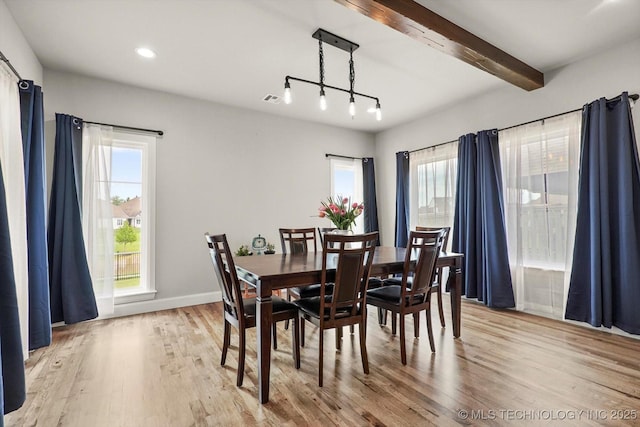 14271 S College Ave, Bixby, OK 74008 - dining area featuring light wood finished floors, beamed ceiling, and recessed lighting