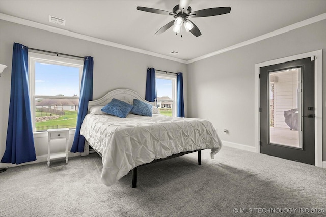 14271 S College Ave, Bixby, OK 74008 - carpeted bedroom featuring ornamental molding and a ceiling fan