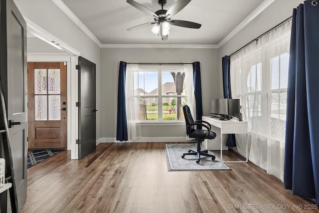 14271 S College Ave, Bixby, OK 74008 - office space with wood finished floors, a ceiling fan, and ornamental molding