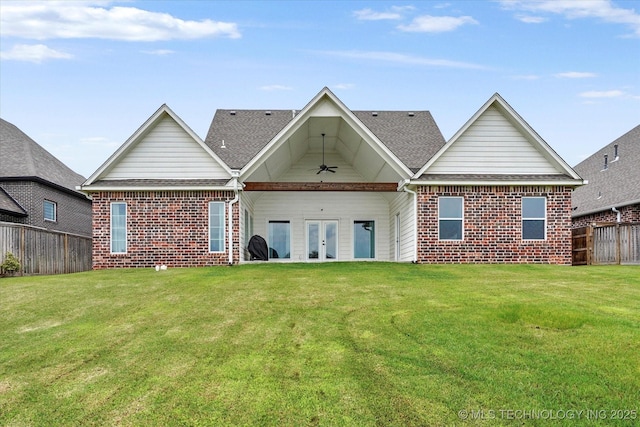 14271 S College Ave, Bixby, OK 74008 - rear view of house featuring french doors, brick siding, ceiling fan, a fenced backyard, and roof with shingles