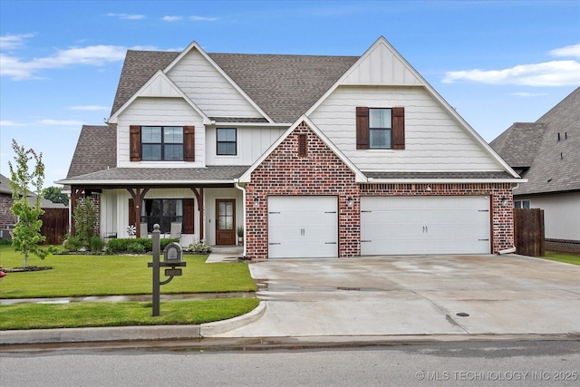 14271 S College Ave, Bixby, OK 74008 - view of front of home featuring a garage, concrete driveway, brick siding, a shingled roof, and board and batten siding