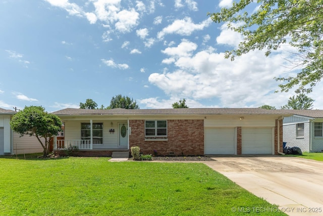 1632 E 55th Pl, Tulsa, OK 74105 - ranch-style home featuring brick siding, an attached garage, a front yard, concrete driveway, and a porch