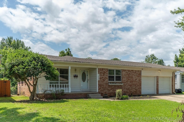 1632 E 55th Pl, Tulsa, OK 74105 - ranch-style home with brick siding, a garage, concrete driveway, and covered porch