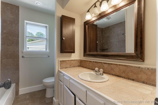 1632 E 55th Pl, Tulsa, OK 74105 - bathroom with vanity, decorative backsplash, and tile patterned floors