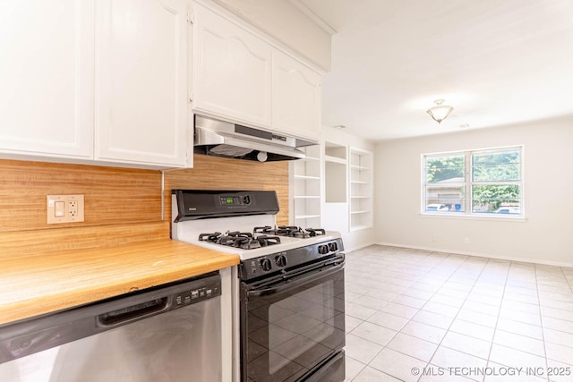 1632 E 55th Pl, Tulsa, OK 74105 - kitchen with black gas stove, stainless steel dishwasher, under cabinet range hood, and white cabinetry
