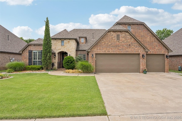 7722 N 142nd Ave E, Owasso, OK 74055 - view of front facade with an attached garage, driveway, brick siding, a front lawn, and roof with shingles