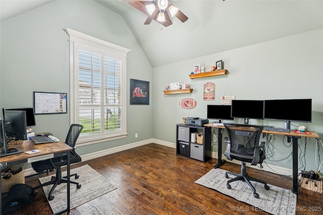7722 N 142nd Ave E, Owasso, OK 74055 - office with a ceiling fan, lofted ceiling, and wood finished floors