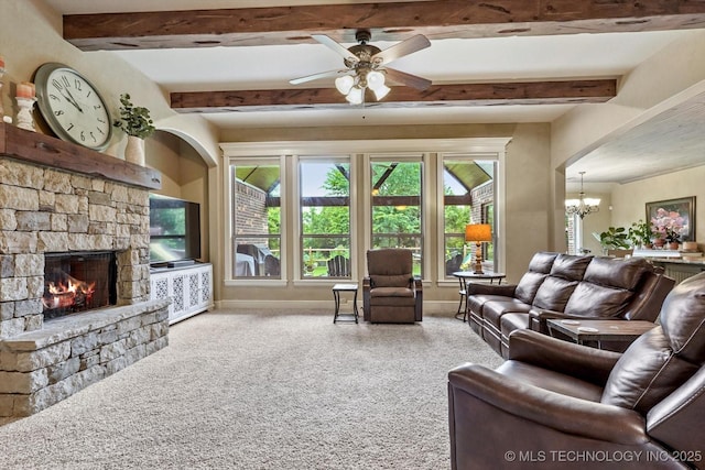9312 N 93rd Ave E, Owasso, OK 74055 - living area featuring carpet floors, beamed ceiling, a ceiling fan, a stone fireplace, and a chandelier