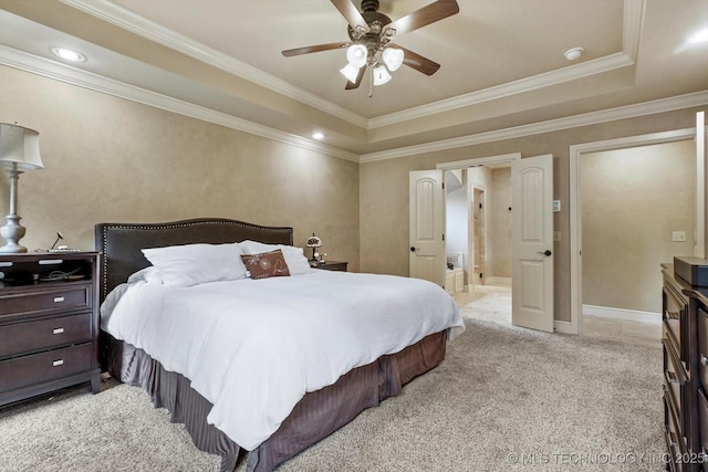 9312 N 93rd Ave E, Owasso, OK 74055 - bedroom featuring a tray ceiling, crown molding, light carpet, ensuite bathroom, and ceiling fan