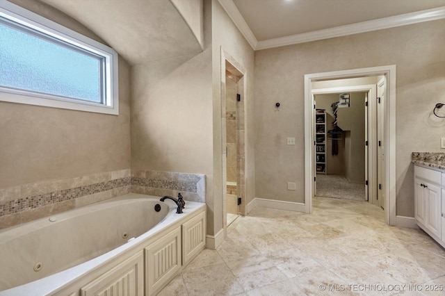 9312 N 93rd Ave E, Owasso, OK 74055 - bathroom with a jetted tub, crown molding, a stall shower, vanity, and a walk in closet