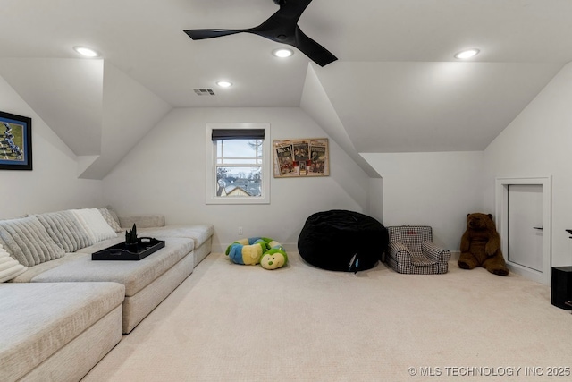 1035 E 36th Pl, Tulsa, OK 74105 - living area featuring carpet flooring, lofted ceiling, ceiling fan, and recessed lighting