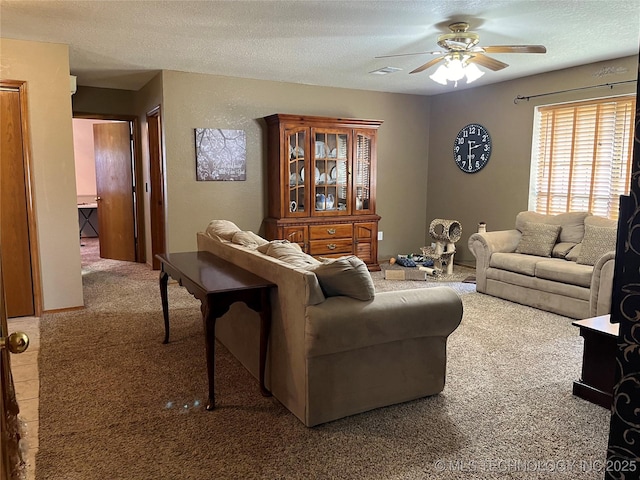 1203 NW 5th St, Stigler, OK 74462 - living area featuring carpet, a ceiling fan, and a textured ceiling