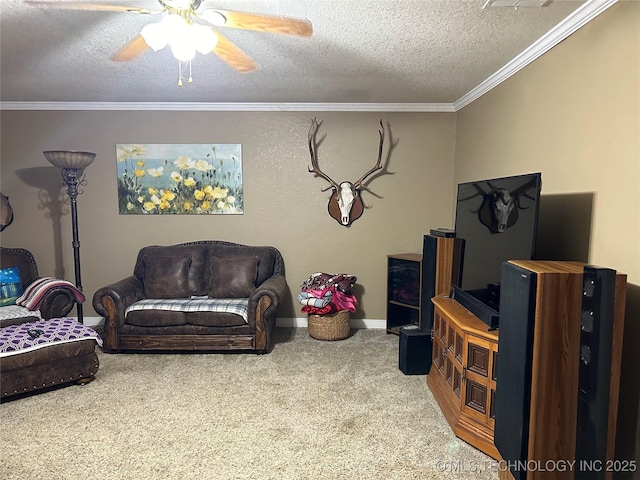 1203 NW 5th St, Stigler, OK 74462 - living room with a textured ceiling, carpet floors, ceiling fan, and crown molding