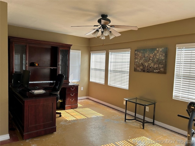 1203 NW 5th St, Stigler, OK 74462 - home office featuring ceiling fan and concrete flooring