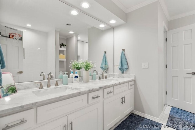 9703 S 100th E Ave, Tulsa, OK 74133 - full bathroom with crown molding, double vanity, and recessed lighting