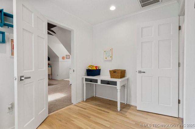 9703 S 100th E Ave, Tulsa, OK 74133 - hallway with crown molding, light wood-type flooring, and recessed lighting