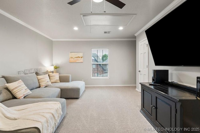 9703 S 100th E Ave, Tulsa, OK 74133 - living room with attic access, ceiling fan, crown molding, light carpet, and recessed lighting