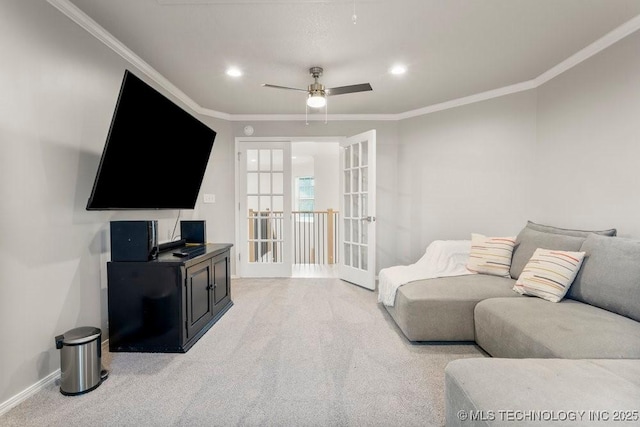 9703 S 100th E Ave, Tulsa, OK 74133 - living area featuring carpet flooring, ornamental molding, a ceiling fan, recessed lighting, and french doors